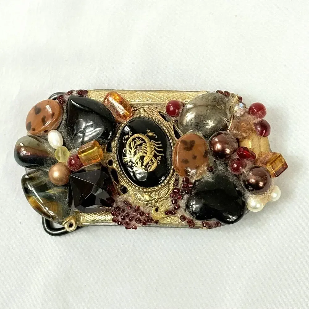Vintage Scorpio Zodiac Belt Buckle Handmade Gemstone Beads Gold Black OOAK